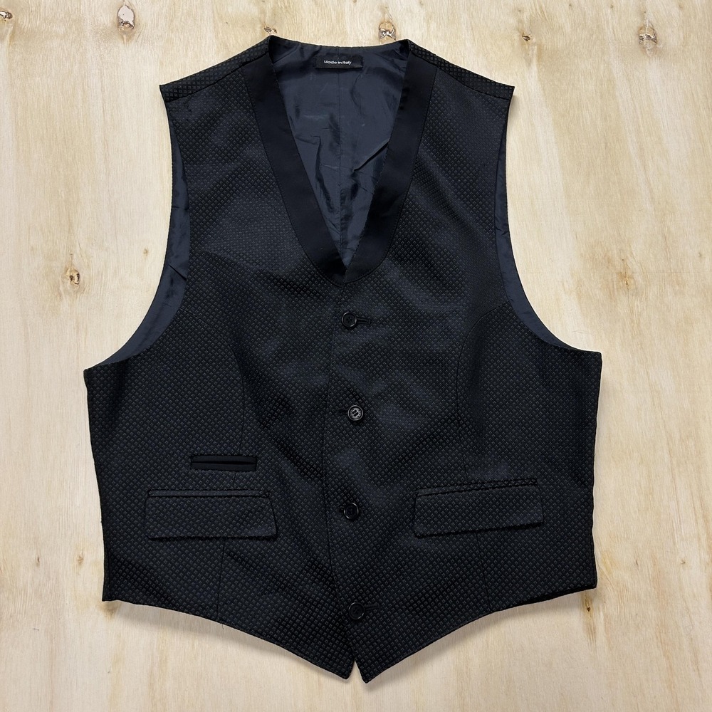 RiCE Suit Vest Mens 38 Small Black Geometric Wool Belted Formal Waistcoat Italy